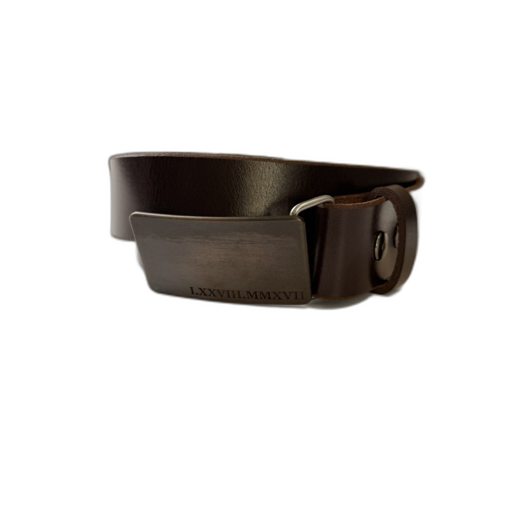 Brown Leather Belt Size L/XL Dark Brown Engraved Metal Buckle Minimalist Belt